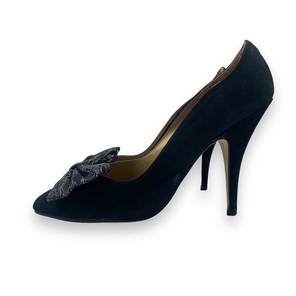 1960's German designer ANDRE black nubuck suede stiletto pumps large lace bow - Picture 15 of 16